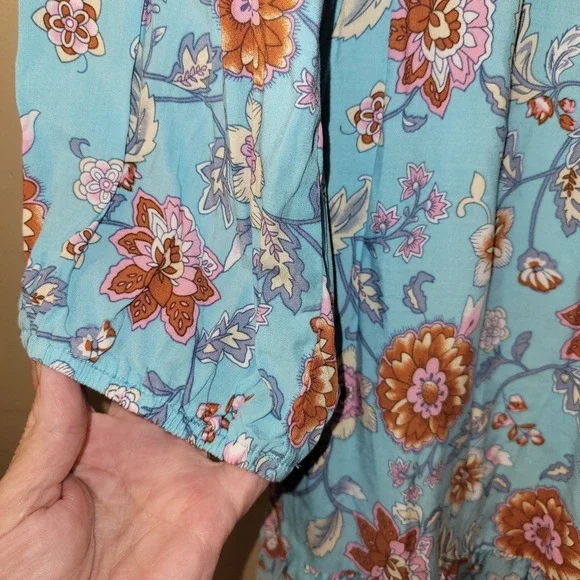 Boho Floral Mini Dress Womens M Blue Peasant Tassel Tie Tiered Babydoll Festival - Picture 5 of 9